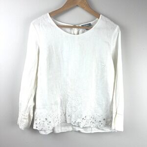 Neiman Marcus White Linen Embroidered Blouse Small